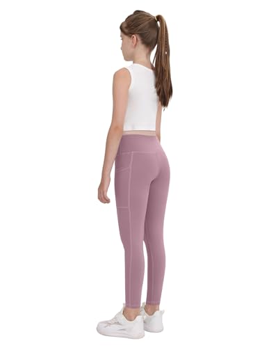 CHRLEISURE Girls' Active Leggings with Pockets - 5 Pack Kids Teen Dance & Yoga Pants, 12-13 Years (Black/Gray/Lilac Pink/Navy/Steel Blue)