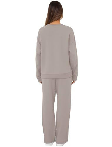 XIEERDUO Women's 2-Piece Lounge Sweatsuit Set - Fall 2025 Casual Outfit, Crewneck Tracksuit, Coffegrey Pink, Small