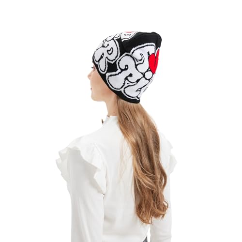 Y2K Beanie Hat - Knitted Winter Cap with Love Design - White