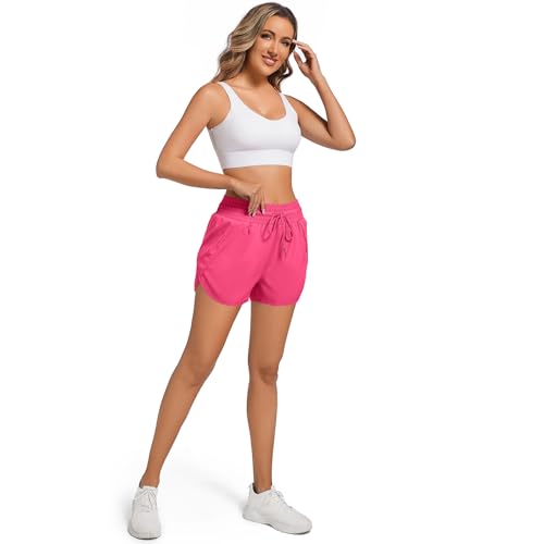 High Waisted Running Shorts for Women - Quick Dry, Liner, Zipper Pocket, X-Small/Rose Red