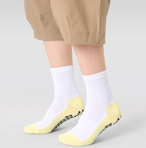 Kids Soccer Grip Socks - Anti Slip Athletic Crew Socks, 6 Pairs, 4-8 Years, White