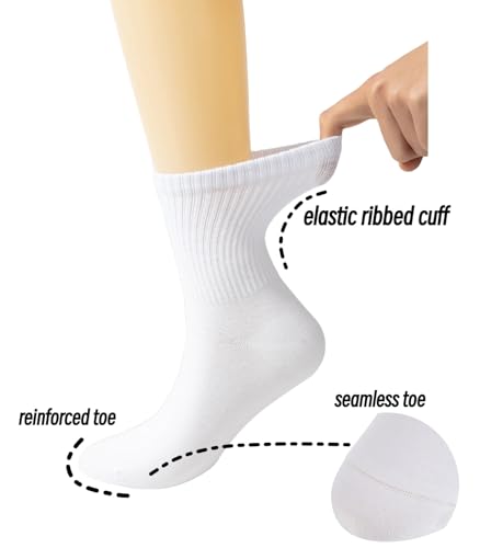 Ndoobiy 6 Pairs White Crew Socks for Men Women - Soft Cotton Elastic Band (Size 5-9)