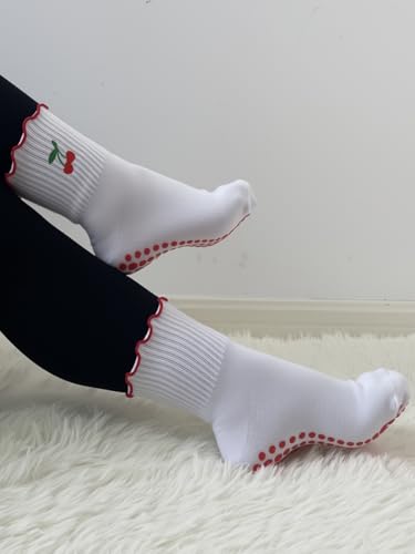 Non-Slip Ruffle Pilates Socks for Women - Red Cherry