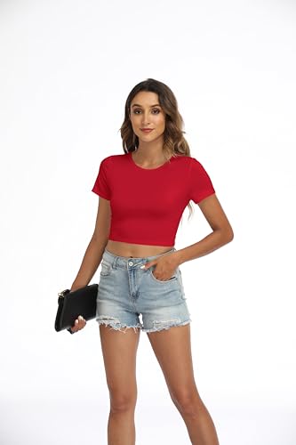 Womens Crew Neck Stretchy Crop Top Short Sleeve Shirt - Red / X-Small