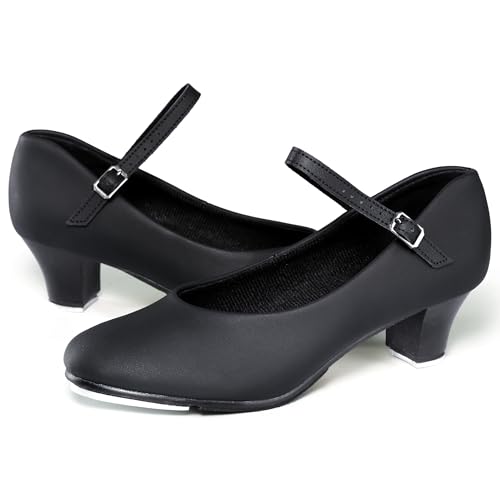 Linodes PU Leather Ankle Strap Character Tap Shoes 1.55'' for Women - Black, Size 6