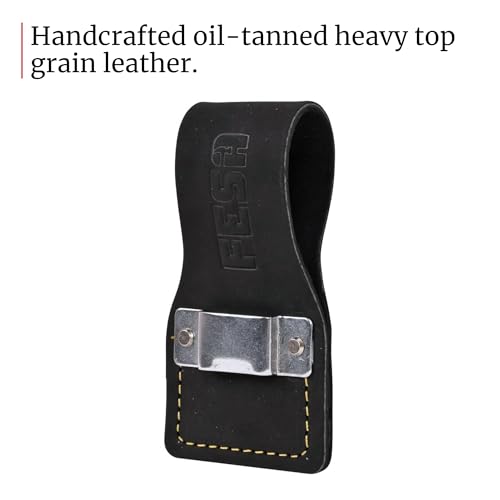 Black Leather Tape Measure Holder for Belt - Heavy Duty Tool Pouch with Steel Clip & Rivets