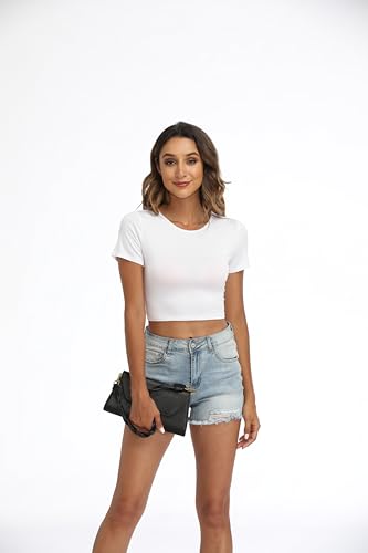 Women's White Crew Neck Stretchy Crop Top - Medium