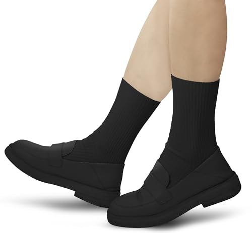 Thin Solid Cotton Crew Socks for Women - Above Ankle, 9-11, Black Cream White Khaki Light Brown Coffee