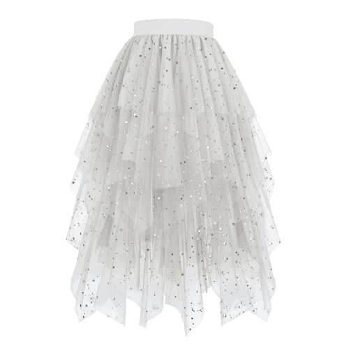 Sparkly Tulle Skirt for Women - Irregular Layered - White, Medium