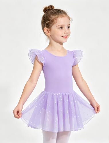 MdnMd 4-6 Years Purple Toddler Ballet Leotard Dress with Criss-Cross Back, Star Skirt
