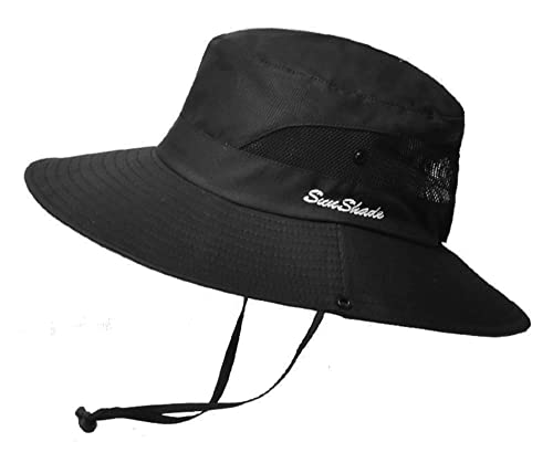 Women's Foldable Beach Bucket Hat with Ponytail Hole - Medium Black