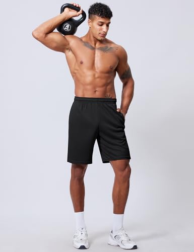 Men's 9 Inch Inseam Athletic Shorts - Quick Dry Mesh - Large Black