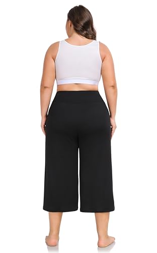 ZERDOCEAN Women's Plus Size High Waist Wide Leg Yoga Capris with Pockets - Black 3X