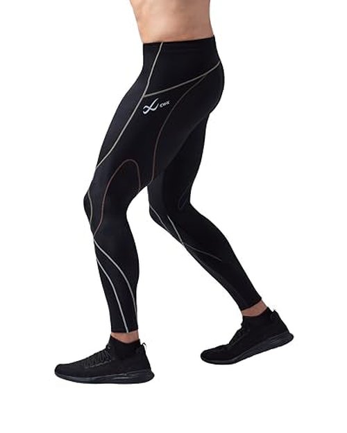 CW-X Men's Stabilyx Joint Support Compression Sports Tights, Pants for Running and Recovery, Black/Charcoal, Large, 225809A