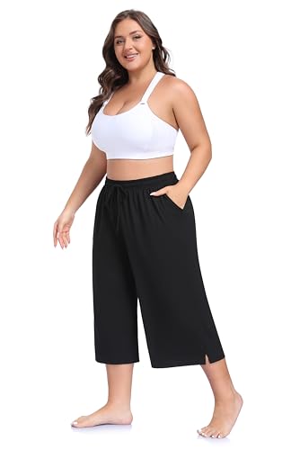 ZERDOCEAN Women's Plus Size Black Wide Leg Capri Pants - Loose Yoga Lounge with Pockets, 4X