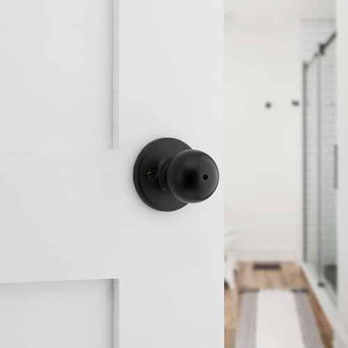 Kwikset Polo Interior Privacy Door Knob with Lock, Door Handle for Bathroom and Bedroom, Matte Black Keyless Turn Lock Doorknob, with Microban Protection