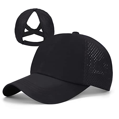 BUTITNOW Women's Medium Black Criss Cross Ponytail Baseball Cap - Adjustable Mesh Trucker Hat