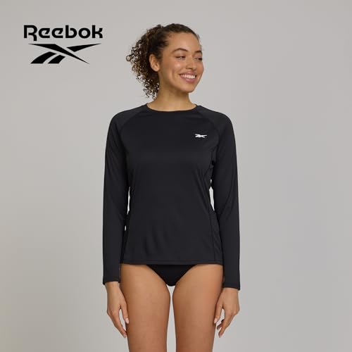 Reebok Women's Long Sleeve Rash Guard Swim Shirt with Pocket - Medium Black