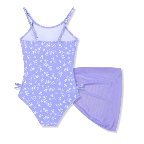 Girls Floral One-PPiece Swimsuit with Cover-Up Skirt Set – Size 6-13