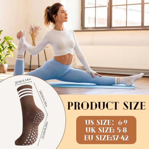Pilates Grip Socks for Women - Striped 4 Pairs in White, Khaki, Brown, Black