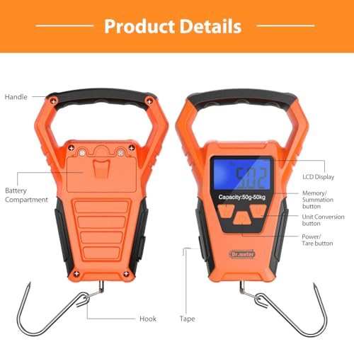 Digital Fish Scale Waterproof 50kg/110lb with Handle & Hook, Backlit LCD