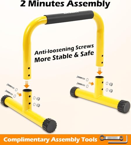 TABEKE 14'' Push Up Bar Parallettes with Full Foam Handle, Heavy-Duty Steel Dip Bar (Yellow)
