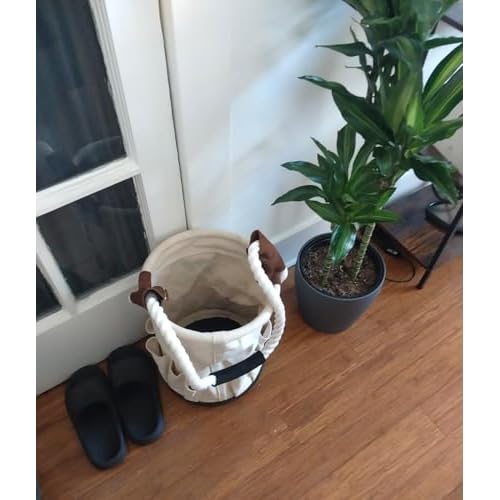 20-385 28 oz. Utility Canvas Bucket with Heavy Duty Plastic Bottom, Collapsible Canvas Bucket, 12 Outside Pockets Organizers Bolt Bucket, White