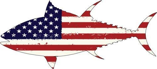 American Flag Tuna Fishing Vinyl Decal - 6 x 2.6 Inch Weatherproof Sticker