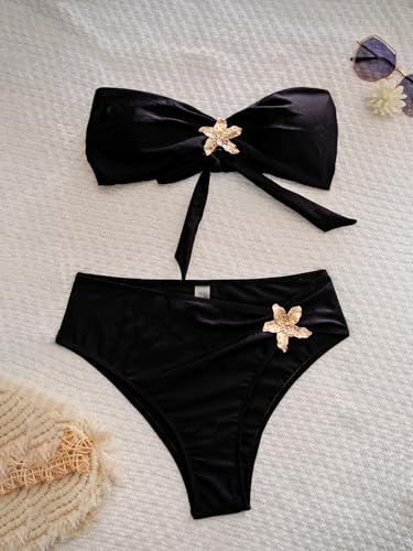 High Waisted Halter Bandeau Bikini Set - Black, Small
