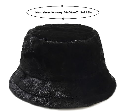 Women's Black Faux Fur Bucket Hat - Warm Winter Fisherman Cap