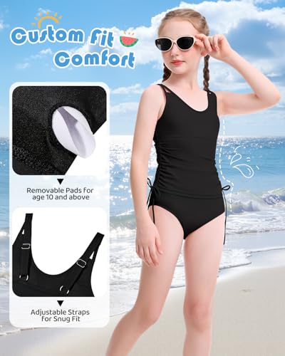 Girls Tankini Swimsuit Set - UPF 50+ Floral Print - Ink Jet Black, 14-15 Years
