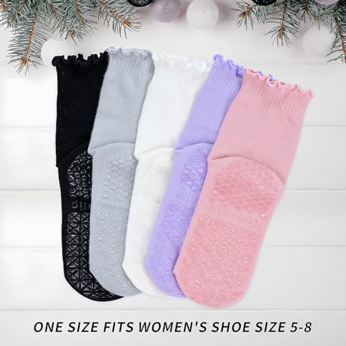 Non-Slip Yoga Socks with Grips - Ruffle Cuff, 2 Pairs, Purple+Pink