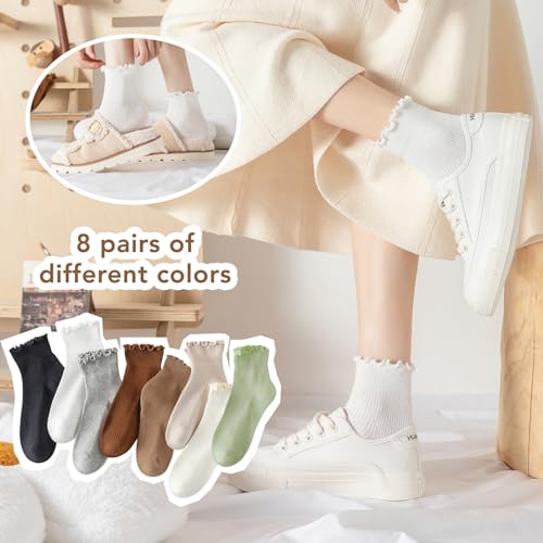 Women's Vintage Ruffle Ankle Socks - 8 Pairs Black, White & Grey