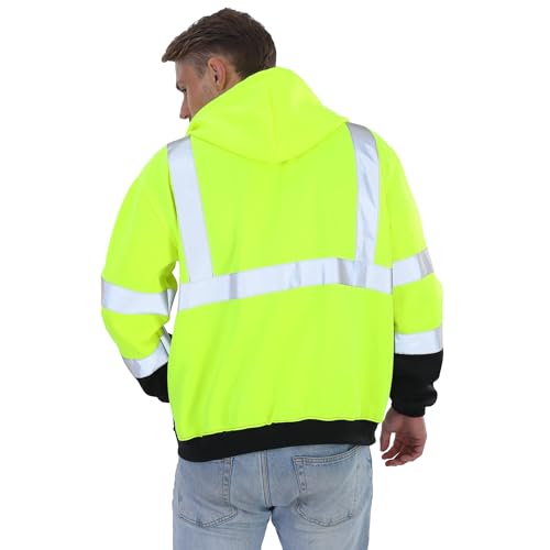 sesafety High Visibility Safety Sweatshirt for Men, Class 3 Reflective Zippered Hooded Sweatshirt, Hi-Vis Safety Hoodie with Black Bottom