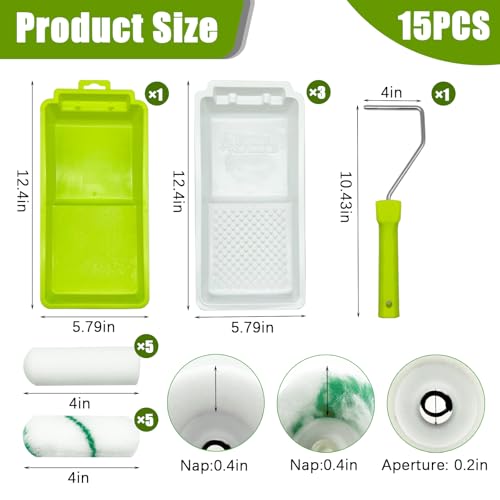 15PCS Foam Paint Roller,Small Paint Roller,4''Paint Roller Kit with High-Density Foam Paint Roller,Paint Frame and Liner,Microfiber Roller,Mini Paint Roller for Painting Corners,Wall,Door