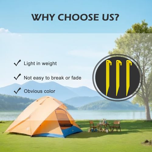 9-Inch Heavy Duty Plastic Tent Stakes - 12 Pack Yellow Camping Pegs