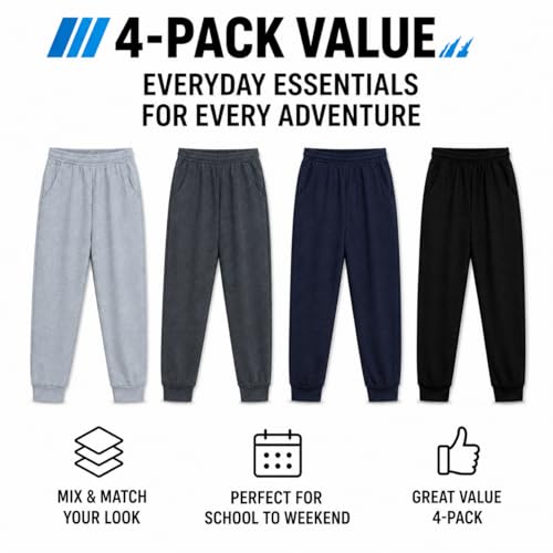 Coney Island Boys Sweatpants 4 Pack - Black/Charcoal/Heather Grey/Navy Jogger Pants with Pockets