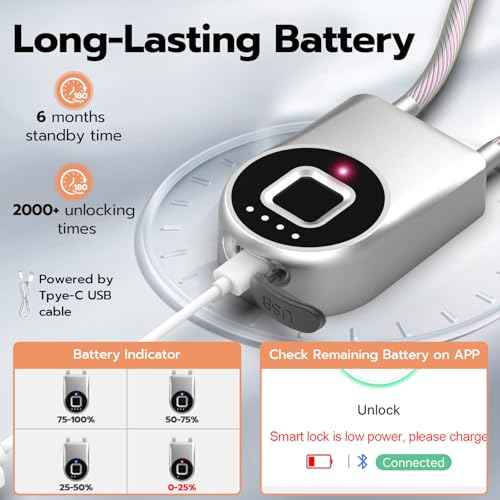 Fingerprint Cable Lock, eLinkSmart Fridge Locks with Bluetooth APP Control, Biometric Smart Padlock for Adults Baby Proof Cabinet Refrigerator French Door Cabinet Gate Locker Bike, 14.9'' Long Silver