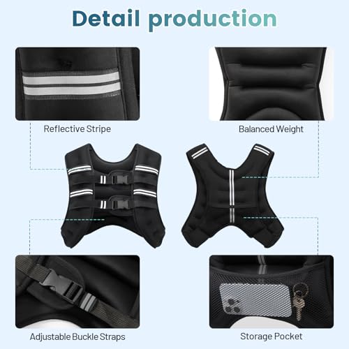 20 lb Weighted Vest for Men & Women - Black, Reflective Stripes, Adjustable Fit