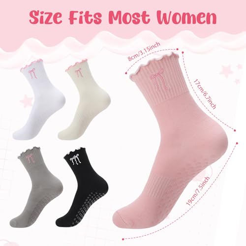 Grip Socks for Women - Cotton Ruffle Bow Yoga & Pilates - 5-Pair Set - Off-white, Pink, White, Black, Gray