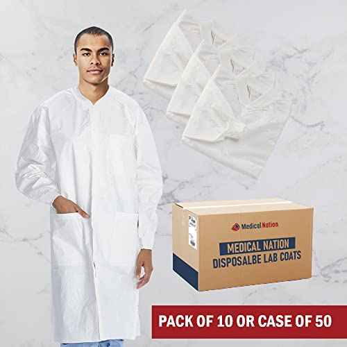 Pack of 10 Disposable Lab Coats - White - With 3 Pockets and Soft Knit Cuffs & Collar | SMS Unisex Knee Length Medical Lab Jacket, For Hospitals, Pharmacies, Labs, Dental Clinics, Painting - Medium