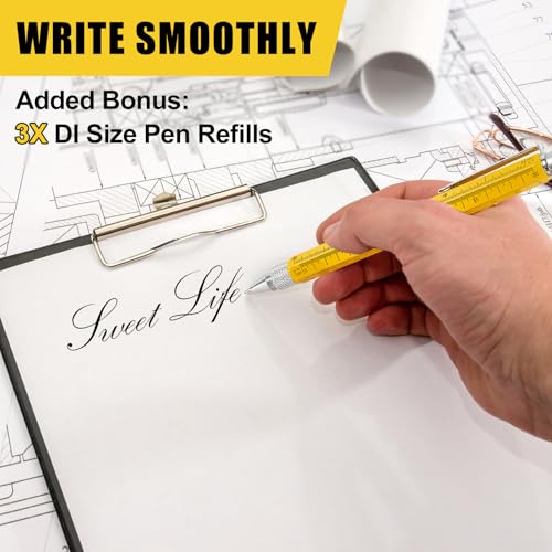 Multitool Pen Gadget - 6-in-1 Tool with Stylus and Refills - Yellow