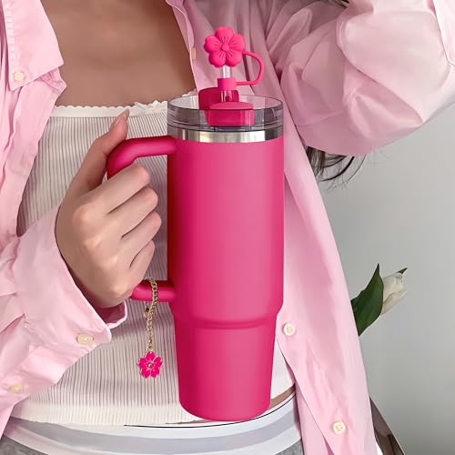 Hot Pink Flower Straw Toppers & Charms Set for Stanley Cup