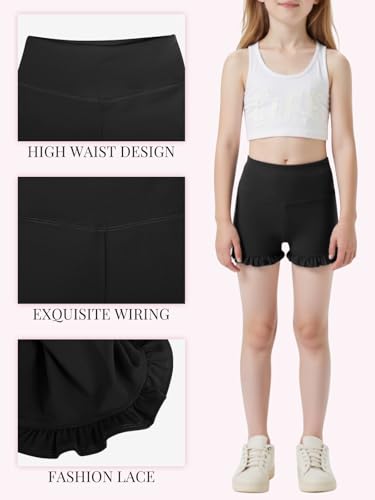 Girls High Waisted Athletic Yoga Shorts - Ruffle Biker Dance Shorts - Black Small