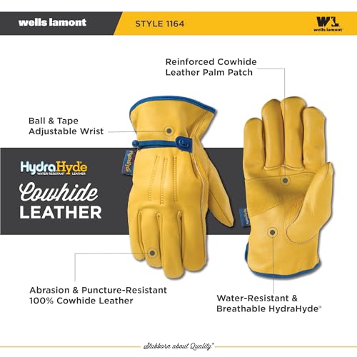 Wells Lamont Men¡¯s Adjustable HydraHyde Full Leather Work Gloves | Water-Resistant | Medium (1164M)
