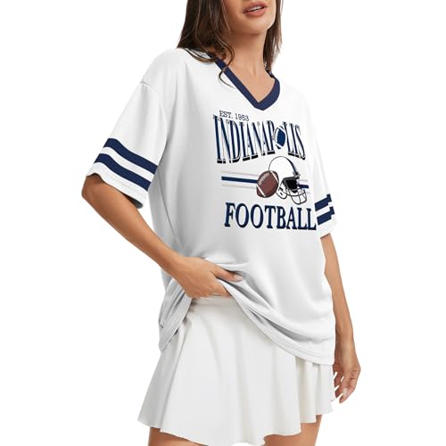 Football Team Graphic T-Shirt for Women - Oversized V Neck - Medium White