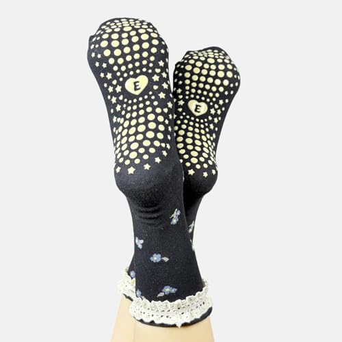 Non-Slip Pilates Grip Socks for Women - Floral Ruffle - Black/White/Khaki