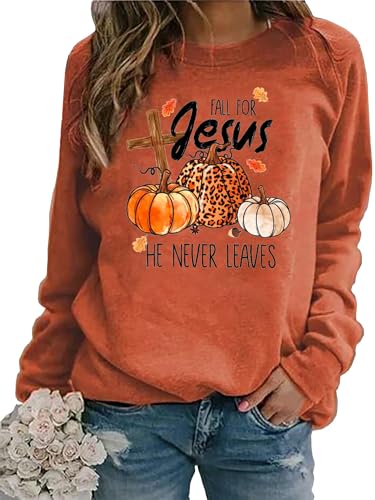 Fall for Jesus He Never Leaves Sweatshirt Women’s Thanksgiving Graphic Pullover, Orange, Medium