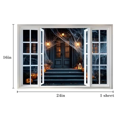 WOOHOOROO Peel and Stick Halloween Fake Window Sticker,Spooky House Scene Wall Decal with Pumpkins and Spider Webs,Removable Self-Adhesive Mural for Home Decor,16" x 24"