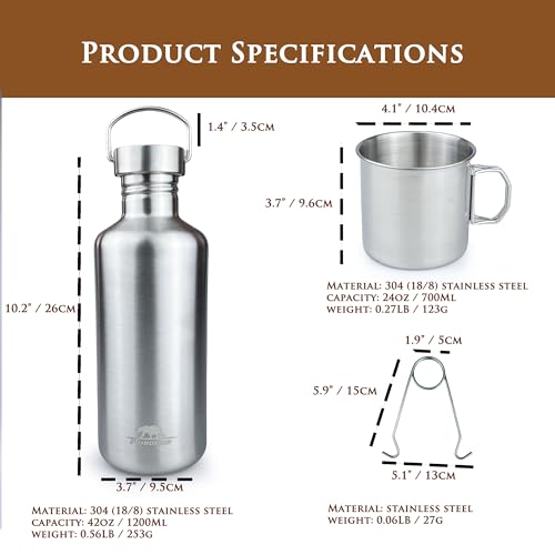 Pubgeer 42oz Stainless Steel Water Bottle with 24oz Nesting Cup & Carrier Bag, Camping & Survival Gear